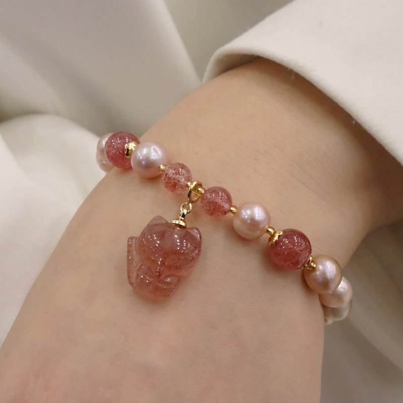 Wear FengShui Natural Pearl Strawberry Quartz Cute Fox Love Healing Charm Bracelet