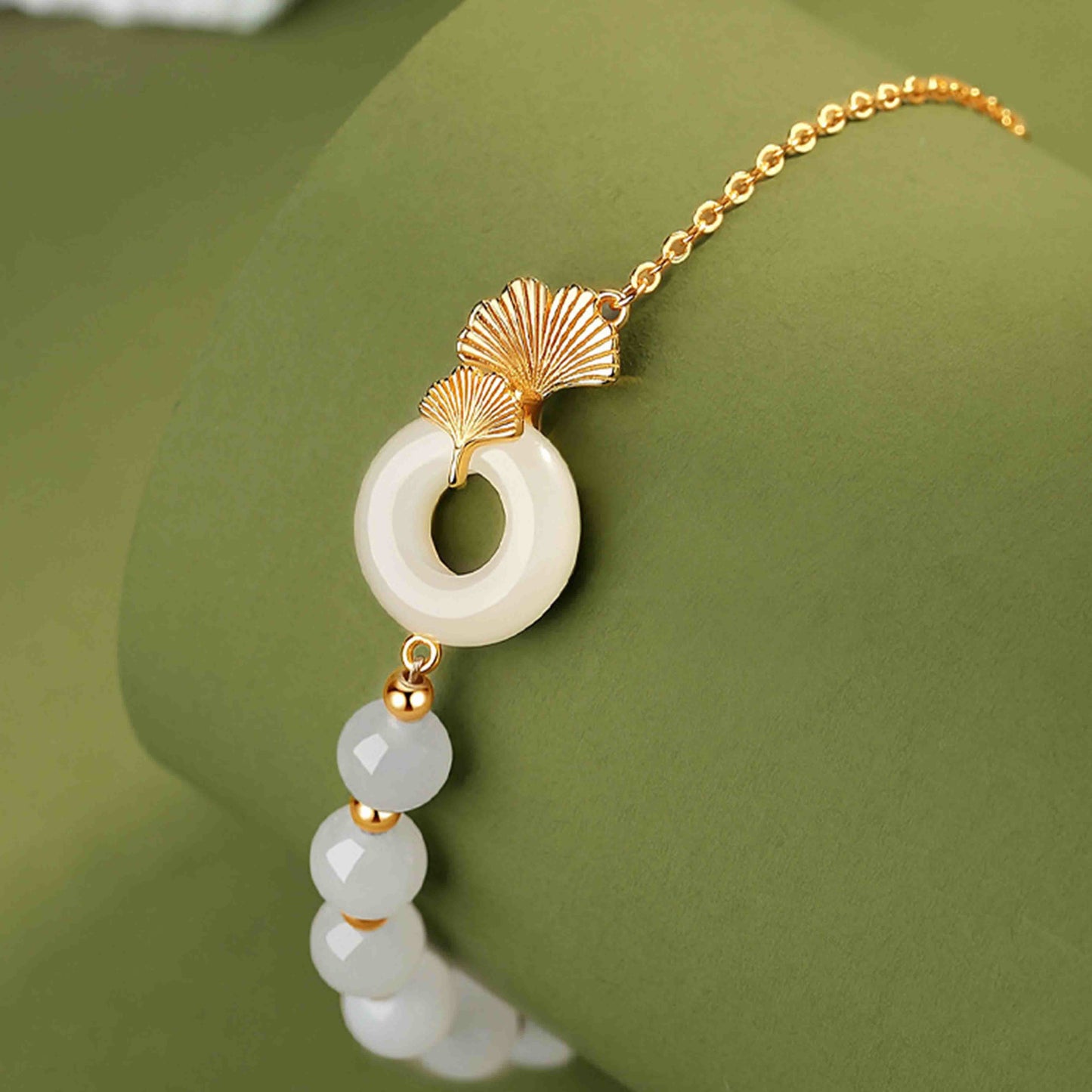 Wear FengShui 925 Sterling Silver Hetian White Jade Peace Buckle Ginkgo Leaf Luck Bracelet