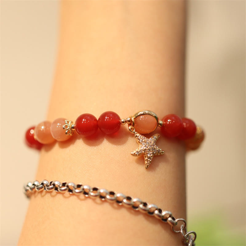 Wear FengShui Sun Stone Peach Moonstone Red Agate Crystal Star Wealth Bracelet