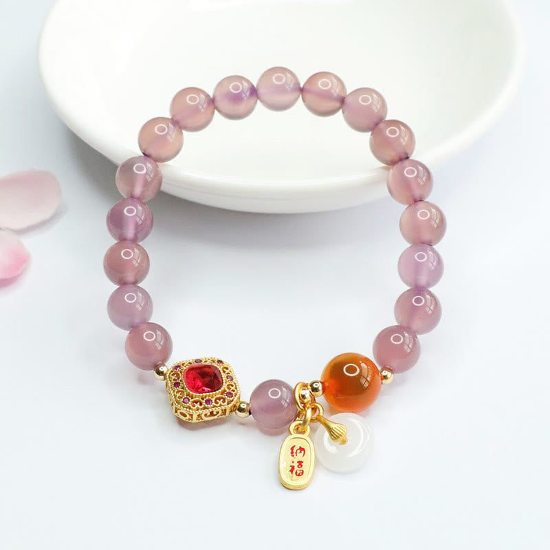 Wear FengShui Natural Purple Chalcedony Candy Agate Peace Buckle Harmony Lucky Fortune Charm Bracelet