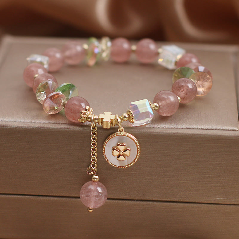 Wear FengShui Strawberry Quartz Lucky Four Leaf Clover Healing Charm Bracelet
