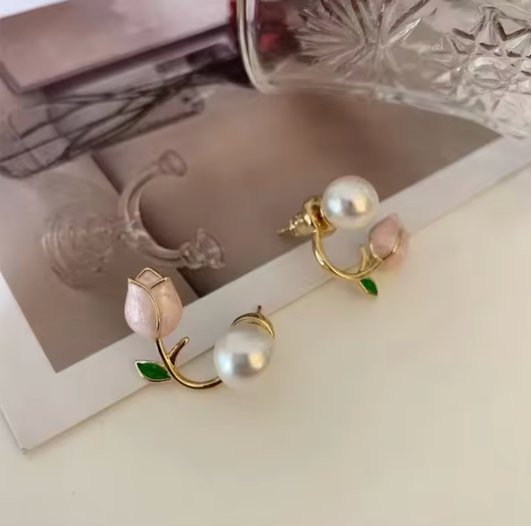Pink Tulip Pearl Stud Earrings
