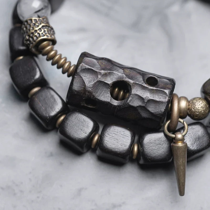 Double-Layer Black Rutilated Quartz & Ebony Wood Bracelet Men’s Vintage Protection Beads