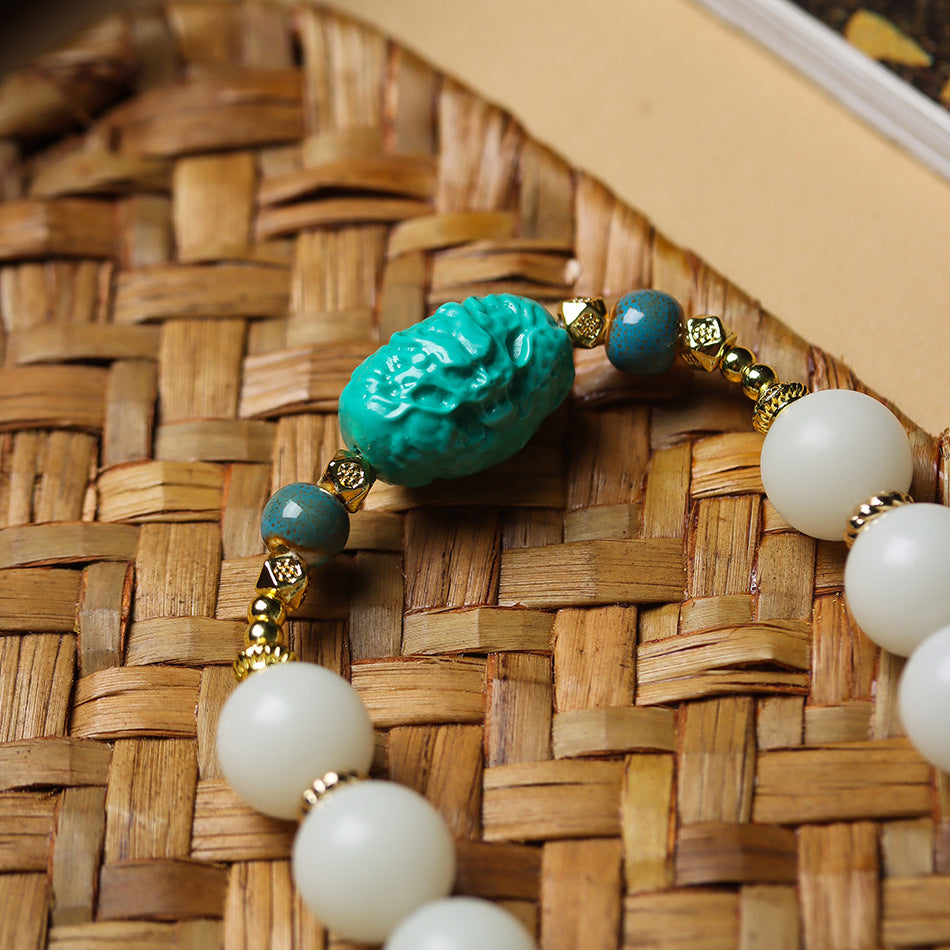High-Polish White Jade Bodhi 108 Mala Beads Necklace with Turquoise-Look Accents and Safety Buckle – Sweater Chain Crossbody Style
