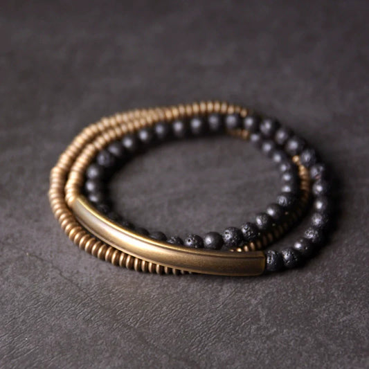 Multi-Layer Lava Stone & Brass Couple Bracelet for Grounding & Passion