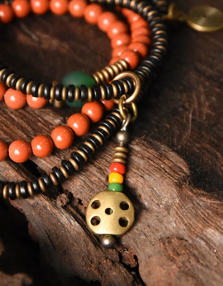 Vintage Wrap Bracelet · Red Agate, Ebony Wood & Brass · Multi-Layer Long Strand for Men and Women