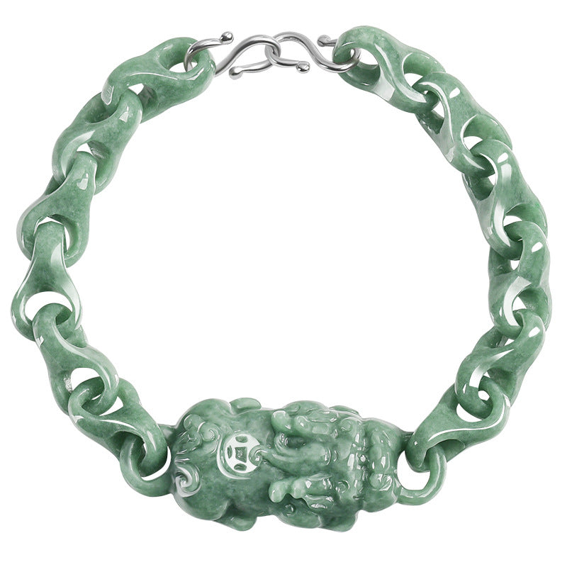 Natural A-Grade Bean Green Jadeite Pixiu Bracelet – Central Pixiu Talisman, Spiritual Protection, Unisex Design