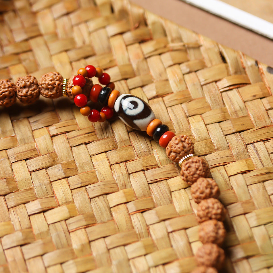 Original Form Small Rudraksha Double Wrap Bodhi Bracelet with Boxwood Carved Lotus Pendant