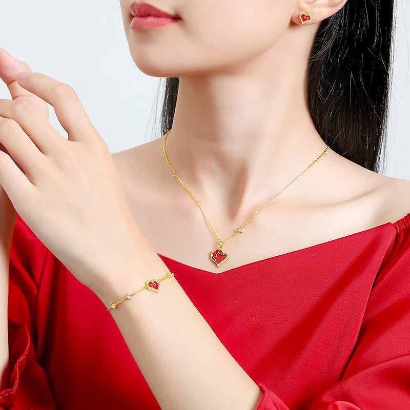 S925 Sterling Silver Year of the Horse Jewelry – Heart-shaped Diamond-Embedded Necklace, Bracelet, and Earrings
