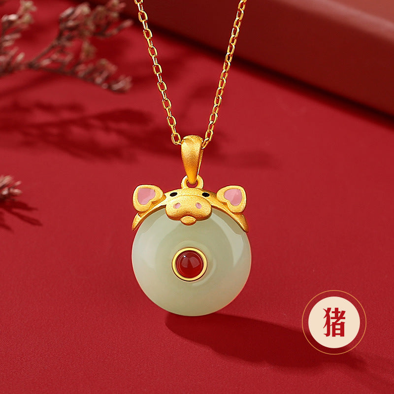 Hetian Jade Peace Circle 12 Chinese Zodiac Necklace – S925 Silver Horse Year Gift Jewelry