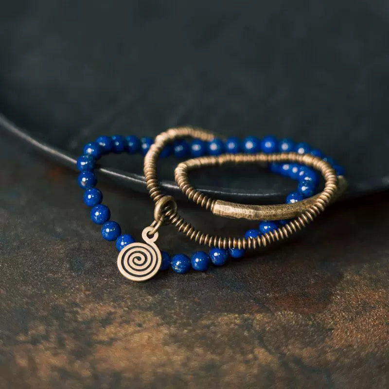 Lapis Lazuli Bracelet Tibetan Jewelry for Spiritual Balance with Brass Accents · Multi-Layer Wrap Strand