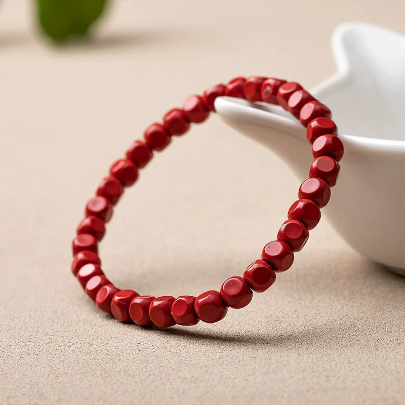 High-Content Red Cinnabar Bracelet Six-Sided Beads Buddha Beads for Men and Women