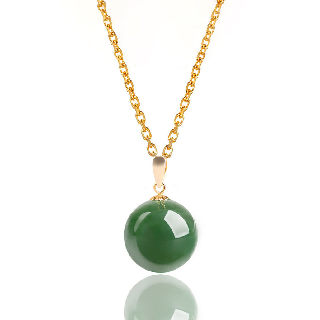 Natural Spinach Green Aged Hetian Jade Round Bead Pendant, beautifully set in 18K gold