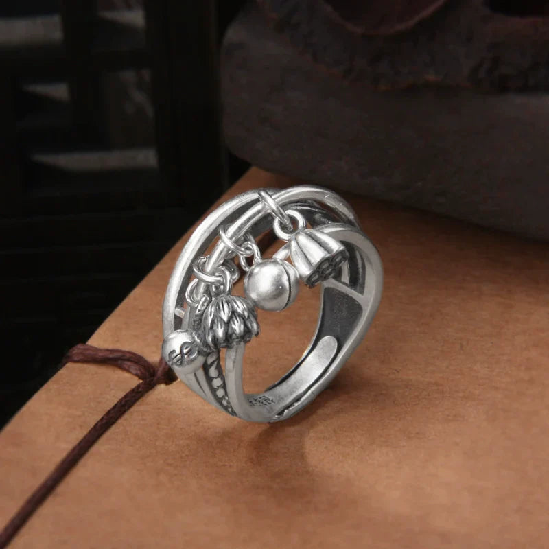 S999 Pure Silver Vintage Multi-Layer Ring with Bell, Lotus Tassel Charms