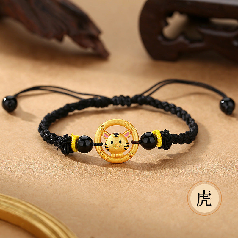 Women’s S925 Silver Peace Circle 12 Chinese Zodiac Bracelet – Woven Black Cord