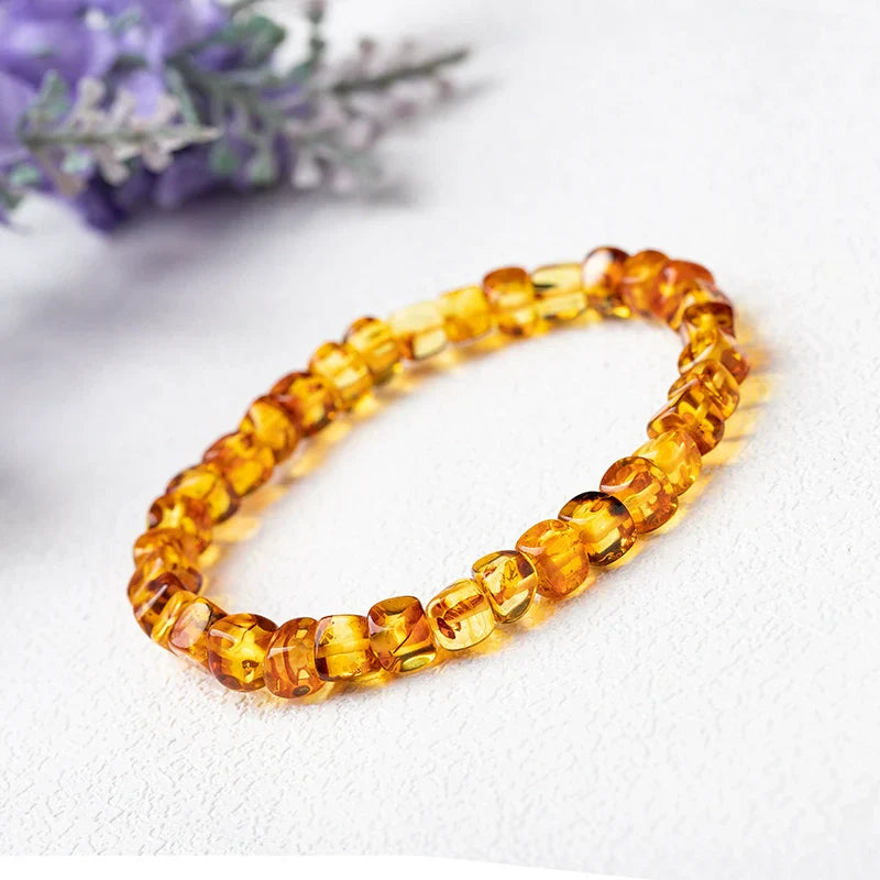 Natural Amber Blood Piebald Gradient Square Old-Style Bead Bracelet – Minimalist Unisex Handmade Jewelry