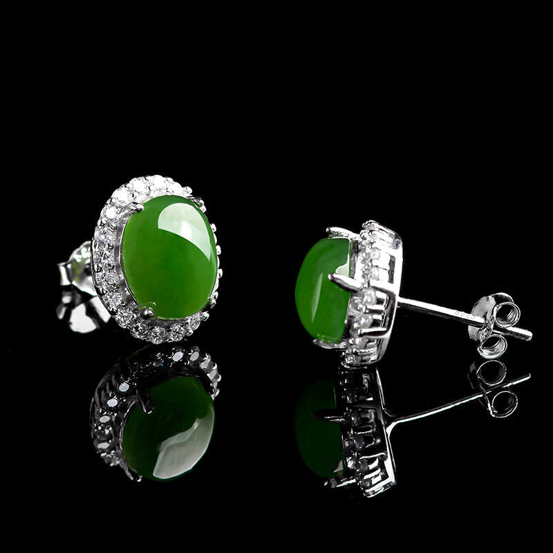 Natural Spinach Green Aged Hetian Jade Large Cabochon Stud Earrings for Women
