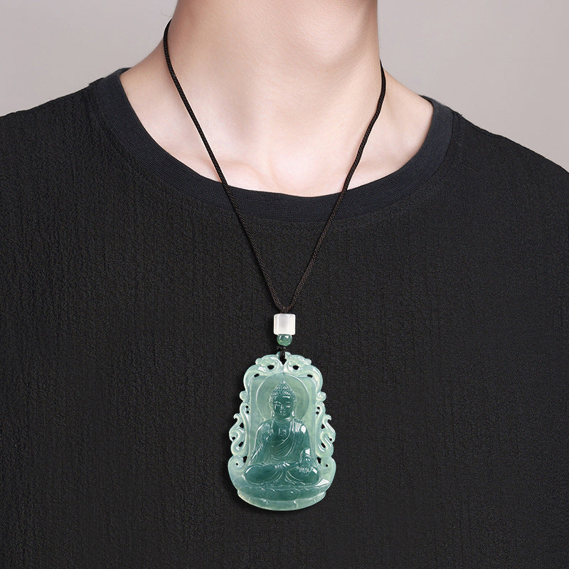 Natural Blue Water Jadeite Amitabha Buddha Pendant – A-Grade Jade, Zodiac Dog & Pig Guardian Talisman