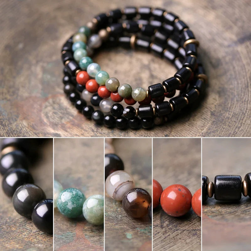Tibetan Obsidian Bracelet with Colorful Beads for Protection & Balance