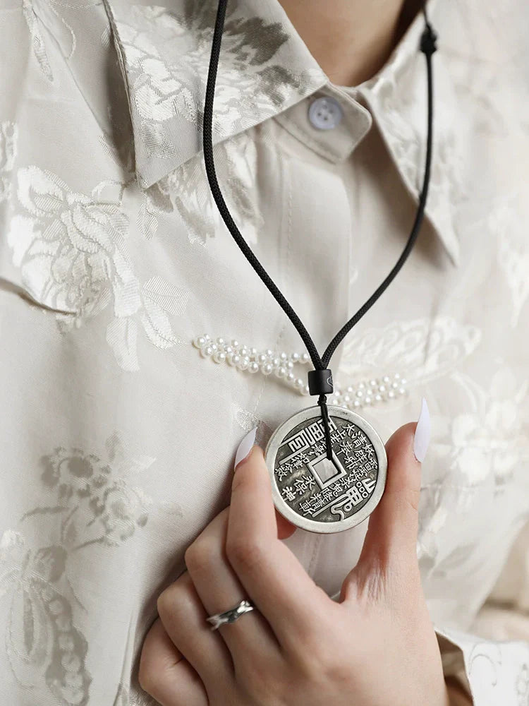 Mountain Ghost Thunder Order Coin Pendant Black Rope Necklace