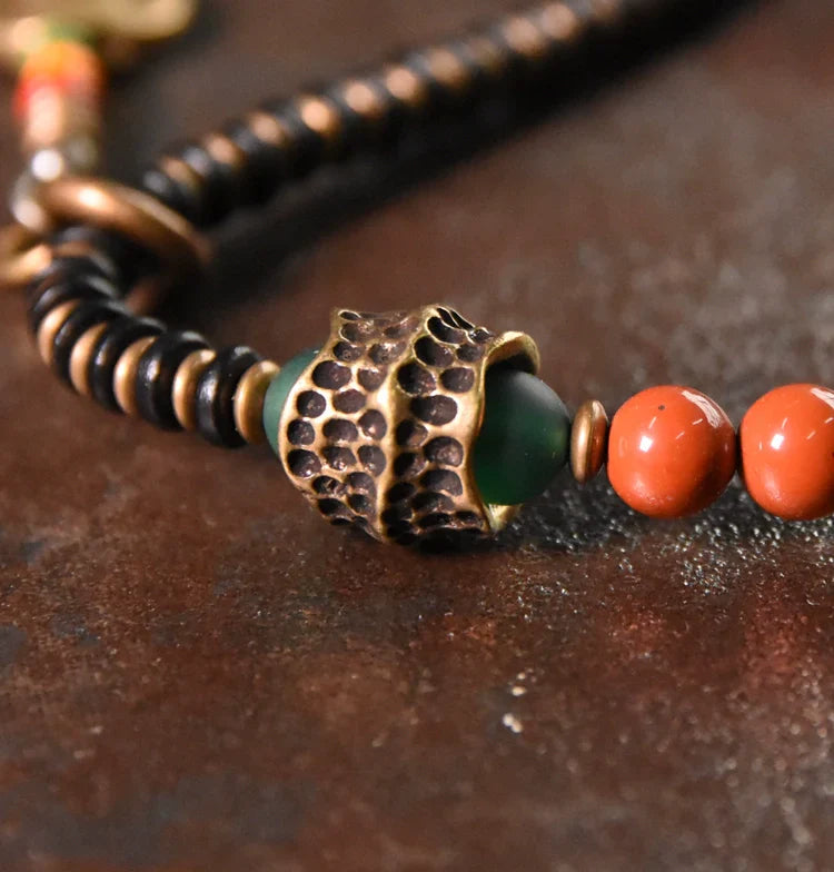 Vintage Wrap Bracelet · Red Agate, Ebony Wood & Brass · Multi-Layer Long Strand for Men and Women