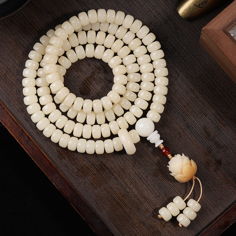 Straight-Cut White Jade Bodhi Root 108 Mala (9×6mm) – Clean & Minimalist Design