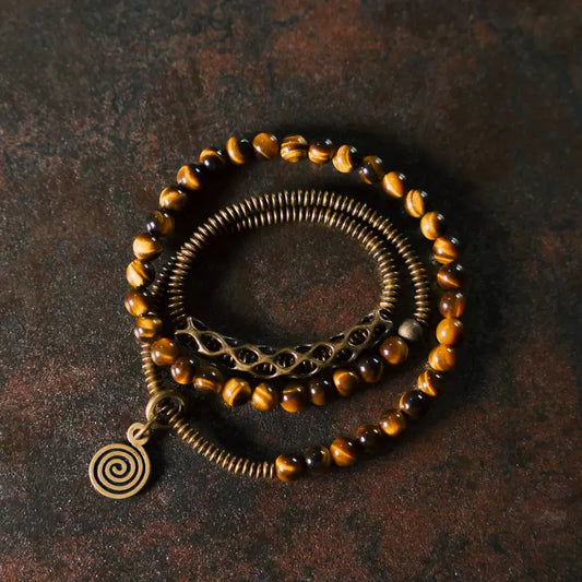Vintage Multi-Layer Tiger Eye Beaded Bracelet Handmade Brass Accent Jewelry for Men & Women