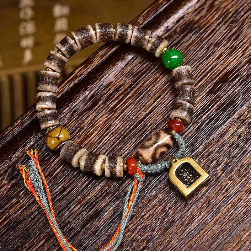 Tibetan Yak Bone Bracelet with Agate Dzi Beads & Snow Baga Beads – Handcrafted Tibetan-Style Bracelet