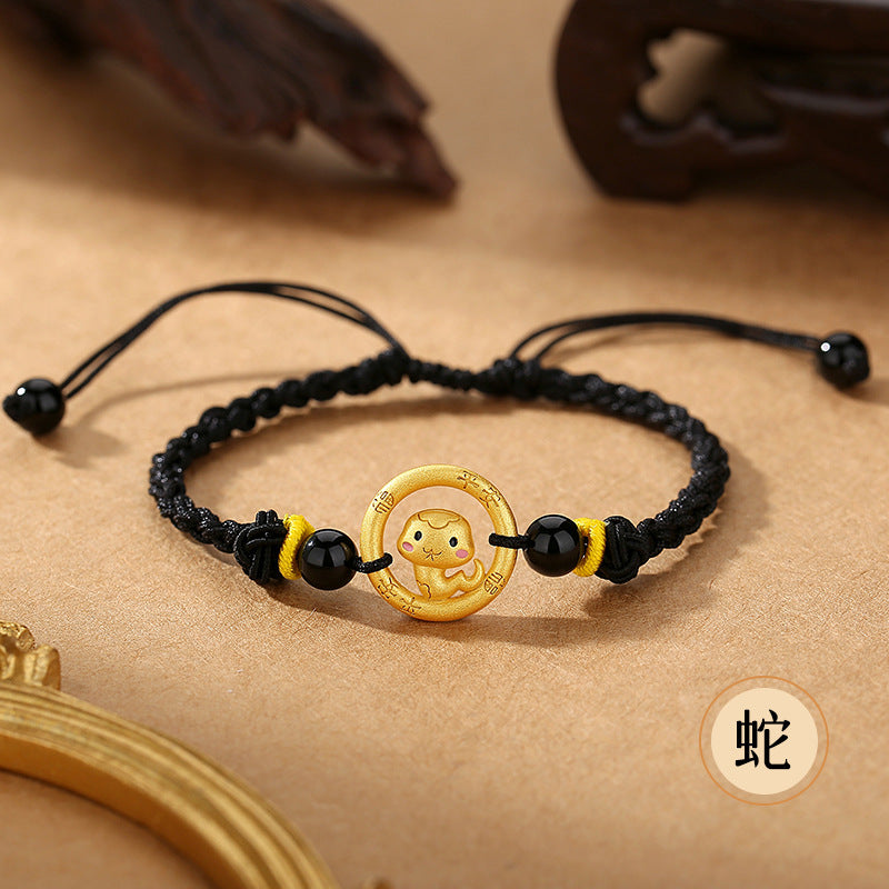 Women’s S925 Silver Peace Circle 12 Chinese Zodiac Bracelet – Woven Black Cord
