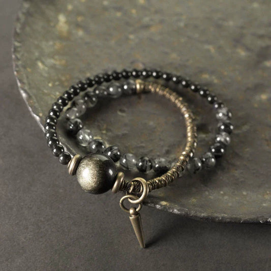 Obsidian & Black Rutilated Quartz Brass Bracelet for Protection & Focus