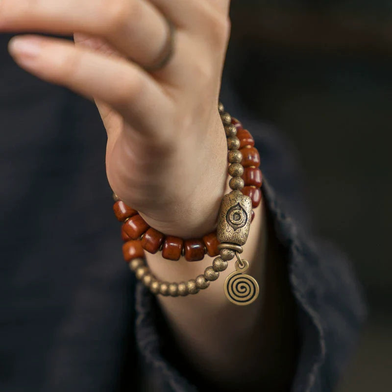 Tibetan Handmade Double-Wrap Yak Bone & Brass Dzi Bead Bracelet · Sacred Strength, Grounded Spirit