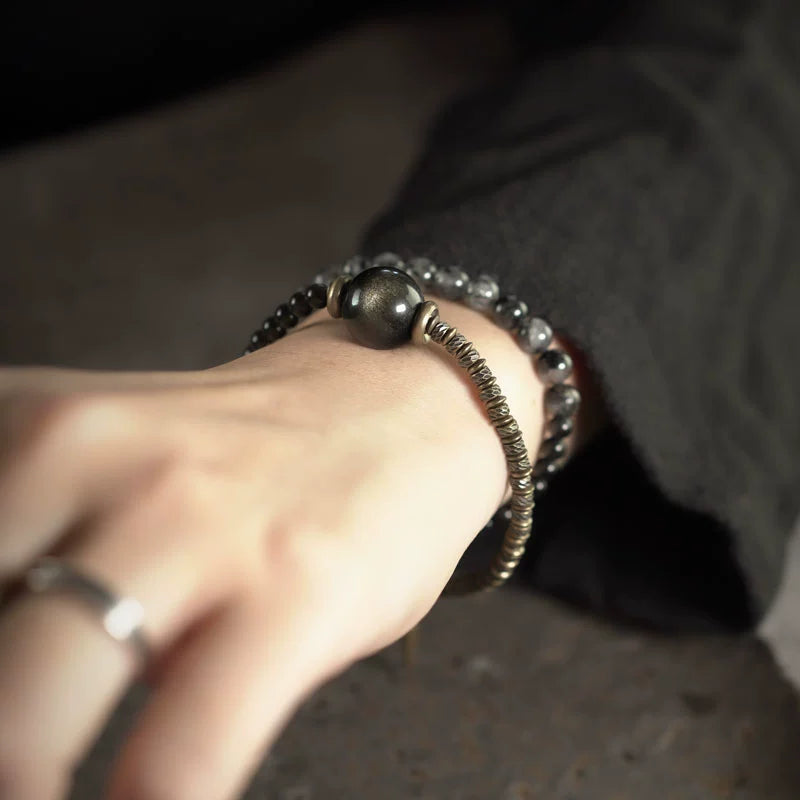 Obsidian & Black Rutilated Quartz Brass Bracelet for Protection & Focus