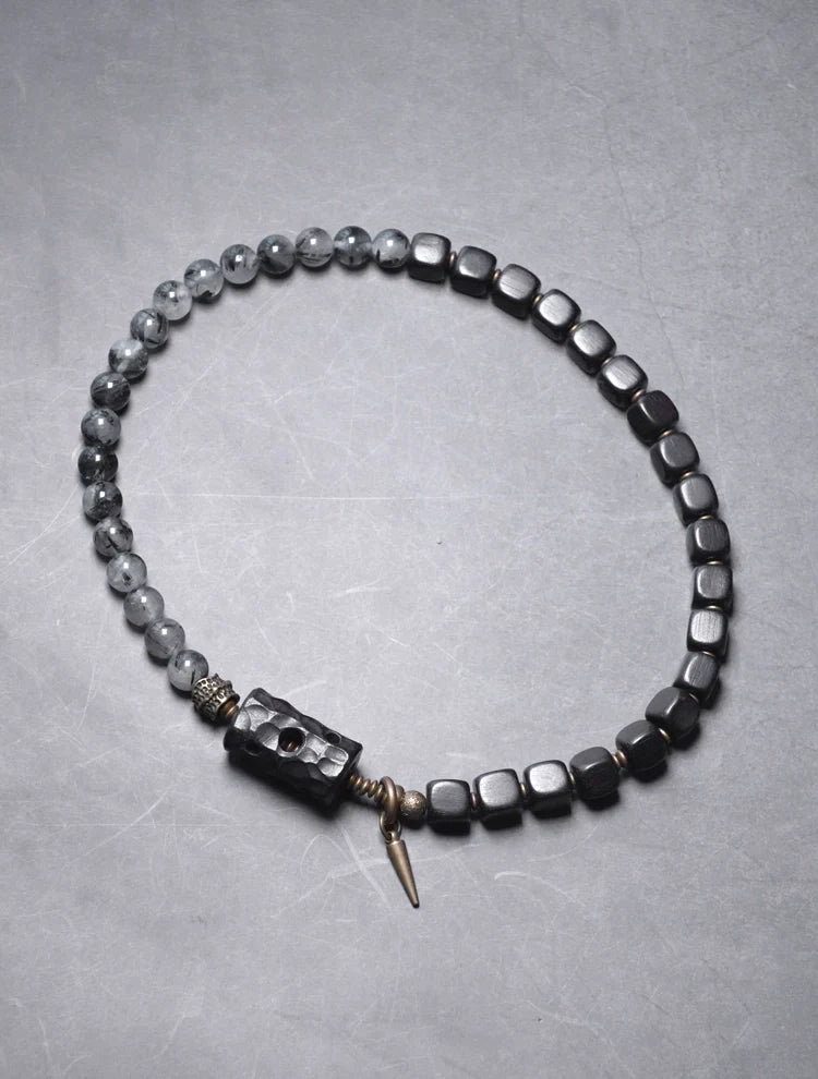 Double-Layer Black Rutilated Quartz & Ebony Wood Bracelet Men’s Vintage Protection Beads