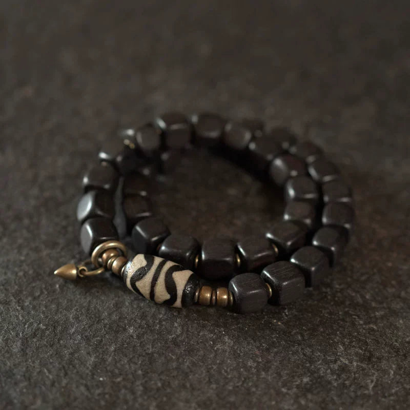 Tibetan Handmade Ebony Wood Dzi Bead Bracelet Vintage Couple Spiritual Jewelry