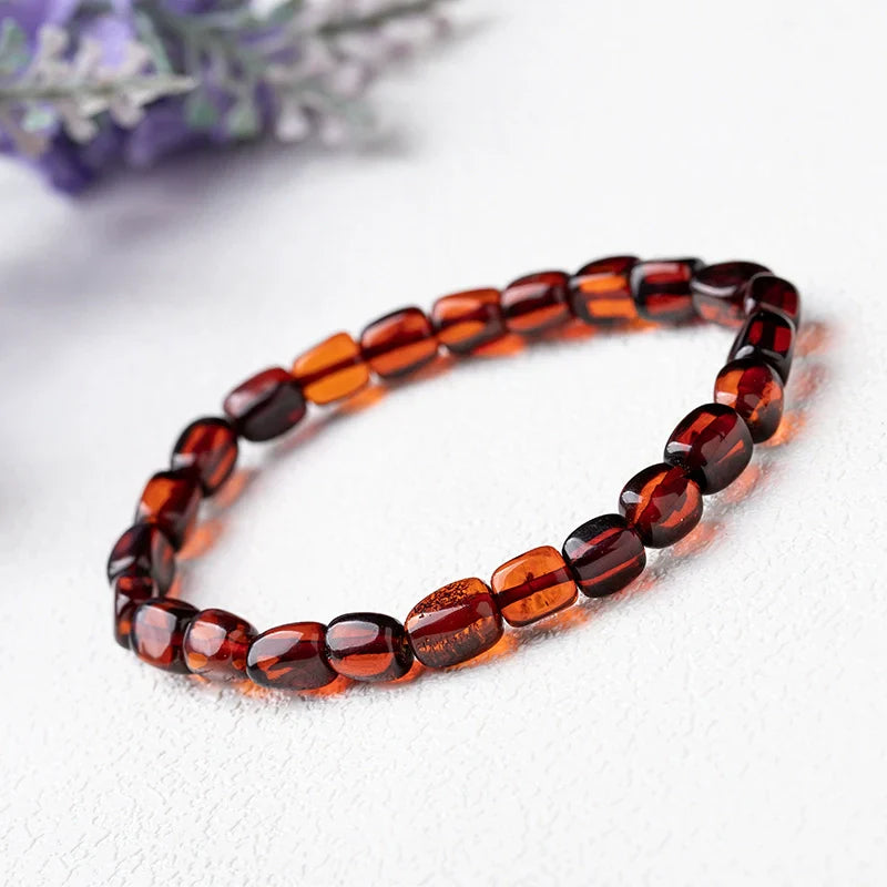 Natural Amber Blood Piebald Gradient Square Old-Style Bead Bracelet – Minimalist Unisex Handmade Jewelry