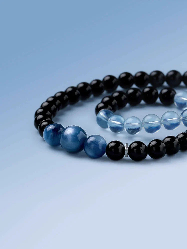 Obsidian & Aquamarine Double-Wrap Bracelet – New Year Fortune & Wealth Attraction Charm