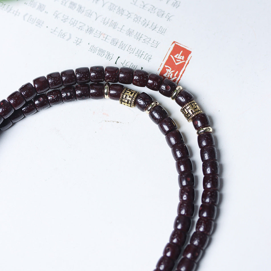 Ancient Cinnabar-Infused Star and Moon Bodhi 108 Mala Beads Bracelet with Tibetan Silver Warrior Charm