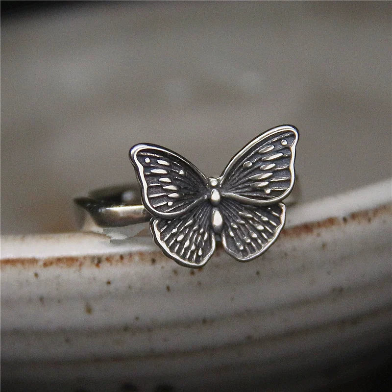 Vintage S925 Sterling Silver Adjustable Butterfly Ring for Women