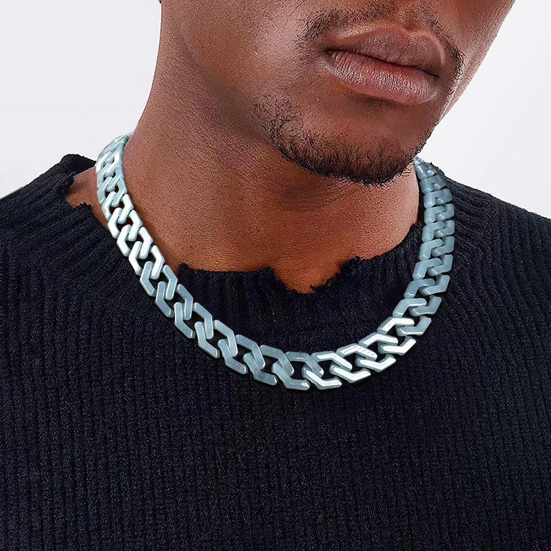 Natural A-Grade Blue Water Jadeite Cuban Link Chain Bracelet & Necklace – Hip-Hop Style Titanium Steel Jewelry for Men & Women