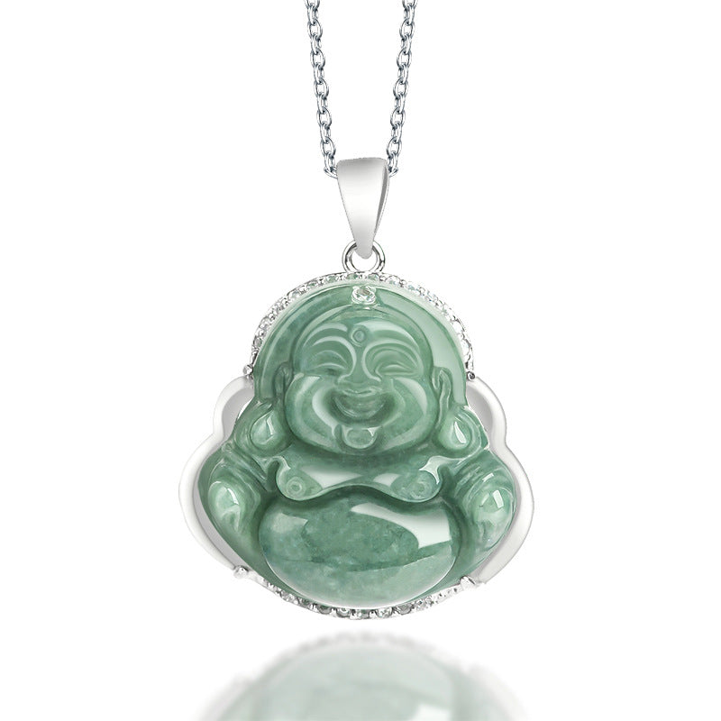 Natural Jade Laughing Buddha Pendant S925 Silver Inlaid Necklace for Women