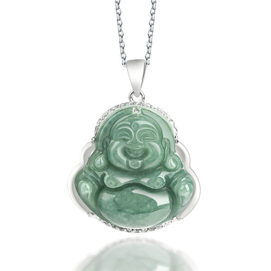 Natural Jade Laughing Buddha Pendant S925 Silver Inlaid Necklace for Women