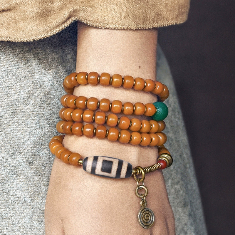 Vintage Multi-Layer Bodhi Seed & Dzi Bead Bracelet Buddhist Mala Jewelry for Men & Women