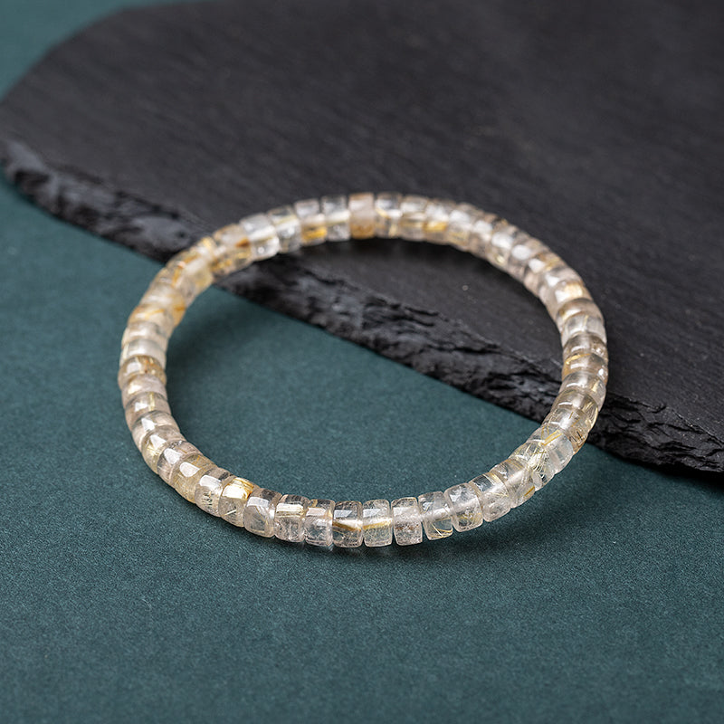 Natural Crystal Rutilated Quartz Bracelet - Precision Cut 3x6mm Beads