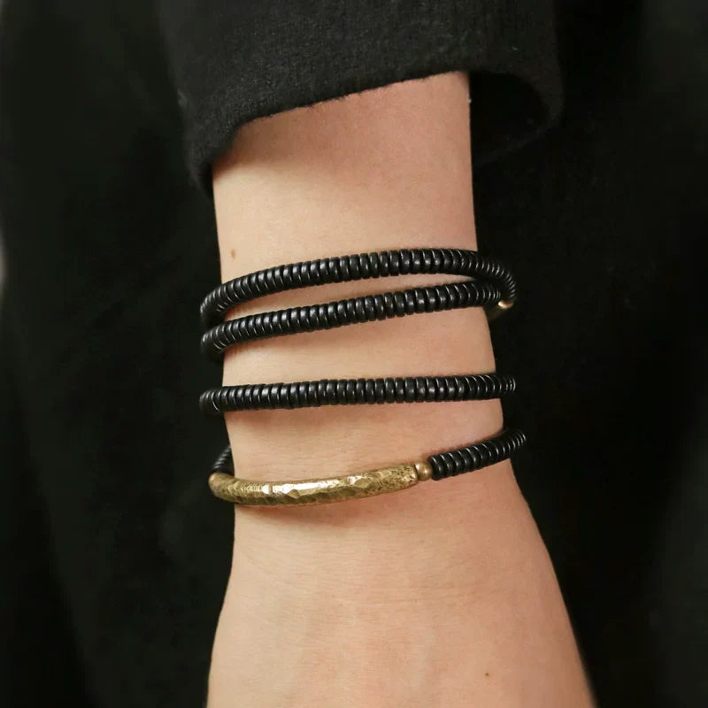 Ebony Wood & Brass Protection Bracelet – Multi-Layer Beads for Strength & Stability