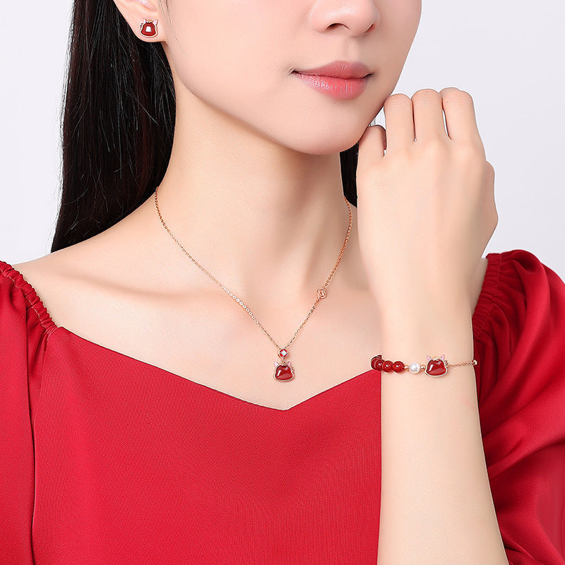 Women’s S925 Silver Cute Horse Jewelry Set – Red Agate Zodiac Horse Bracelet, Necklace, Earrings