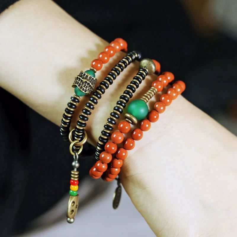 Vintage Wrap Bracelet · Red Agate, Ebony Wood & Brass · Multi-Layer Long Strand for Men and Women
