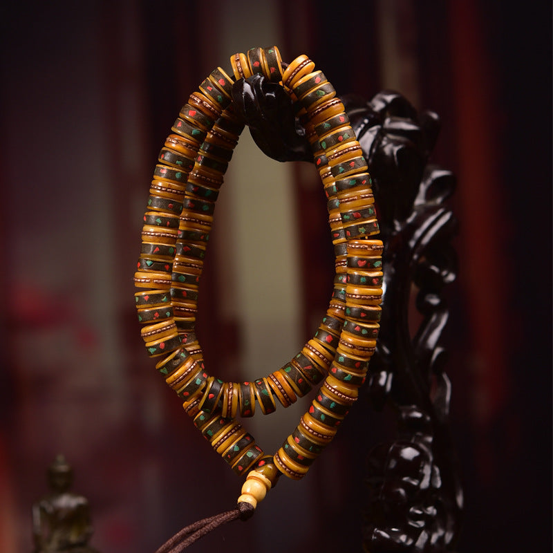 Vintage Tibetan Yak Bone 108 Mala Beads with Gemstone Inlay