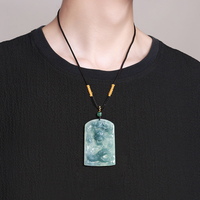 Natural Blue Water Jadeite Dragon Pendant – A-Grade Jade, Powerful Eastern Protection Talisman