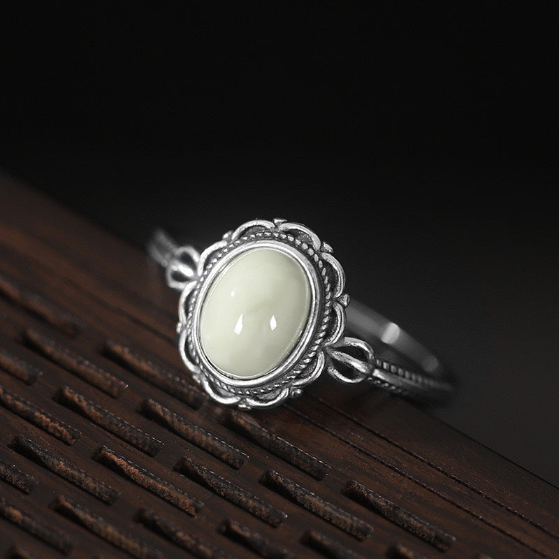 Vintage S925 Sterling Silver Adjustable Open Ring with Turquoise & White Chalcedony
