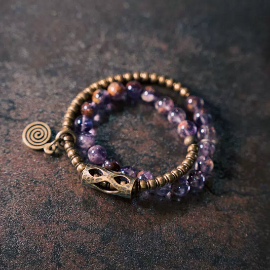 Vintage Double-Wrap Amethyst Phantom Quartz Bracelet – Brass Accents & Spiritual Style